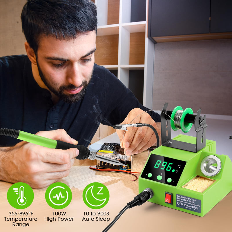 Soldering Station, 100W Digital Display Soldering Iron Station Kit with 2 Helping Hands, 356°F - 896°F, Auto Sleep, °C/°F Conversion, Solder Wire, Tips, Stand, Pump, Tweezers, Tip Cleaner, Green 938-green