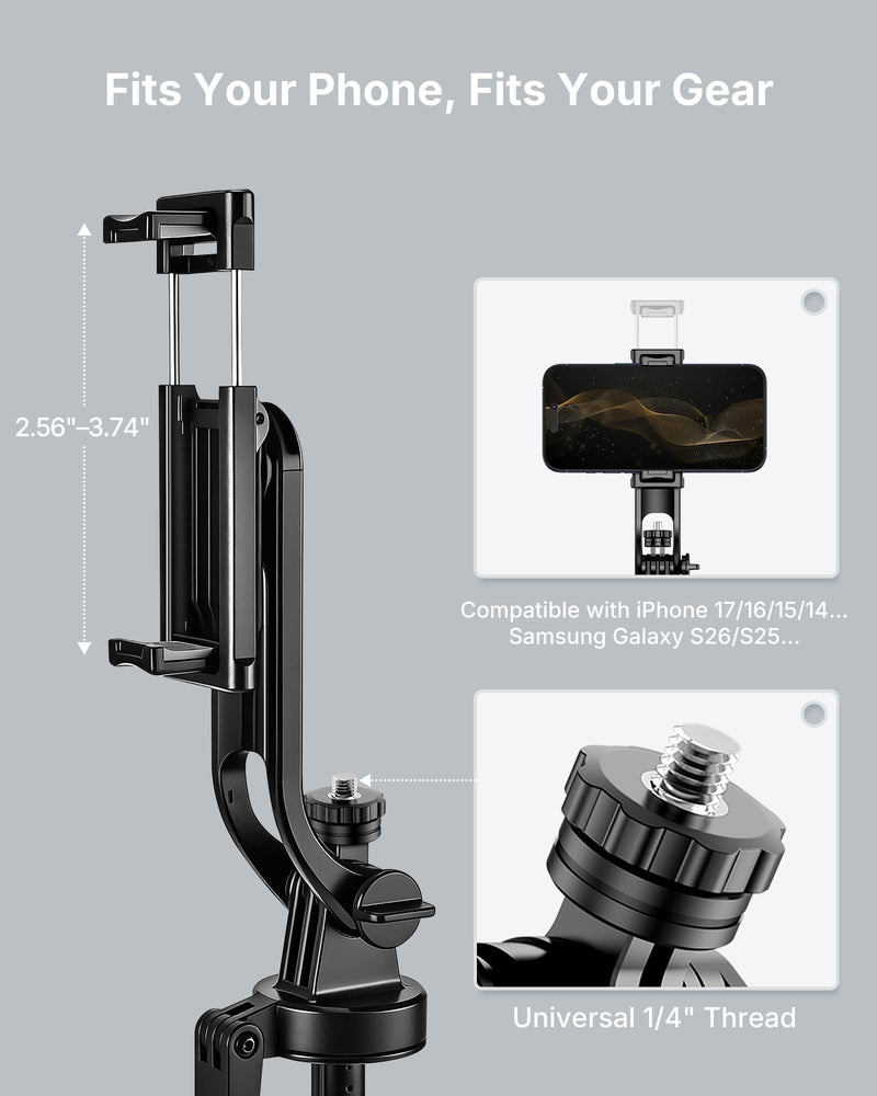 4-Leg Phone Tripod, 71-inch Selfie Stick for iPhone & Android | Anti-Slip Quadrapod Base, Snap-Release Phone Holder, Aluminum Alloy Pole for Durability, Secondary Handle Grip for Stability