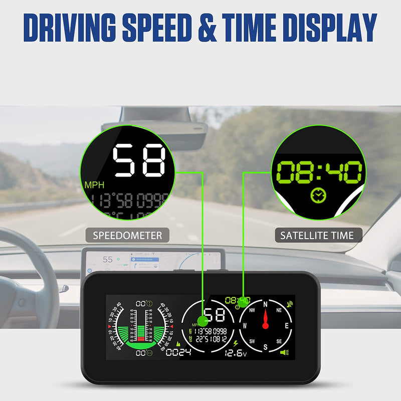 GPS Car Digital Inclinometer for Off Road Vehicles, Head Up Display DC 10-30v Multifunctional Vehicle Clinometer Digital Speedometer with Coordinate Display M60