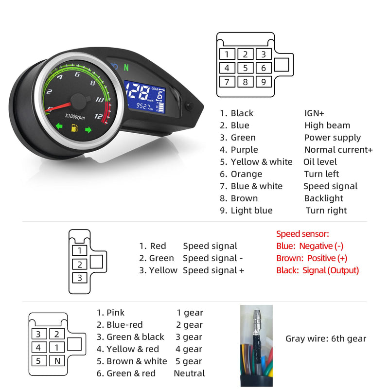 Universal Motorcycle Speedometer Gauge Digital Speedometer for Motorcycle LCD Gauge Cluster MPH Dashboard Speedo Meter with Tach, Odo, Oil Level, Gear