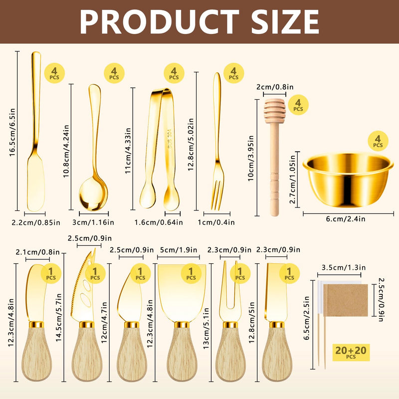 Charcuterie Boards Accessories Gold Charcuterie Utensils Cheese Butter Spreader Knife Set Small Serving Tongs Forks and Spoons Dipping Bowls Honey Dippers Toothpick Flags for Party Platter Appetizers