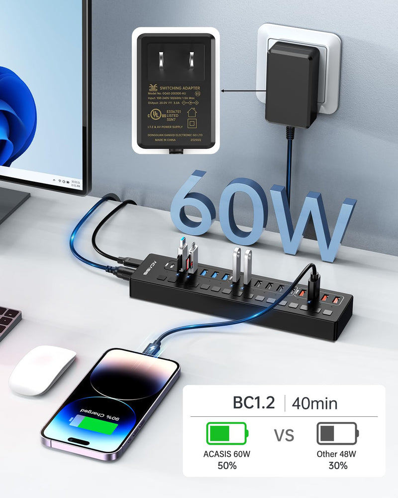 Powered USB 3.0 Hub, ACASIS 16 Port USB Hub Powered(Include 2*USB C 3.0+4 Smart Charging Port) with 60W Power Adapter, Support Wall Mount, USB Hub for PC Laptop, Mac, Printer, Camera 16 ports