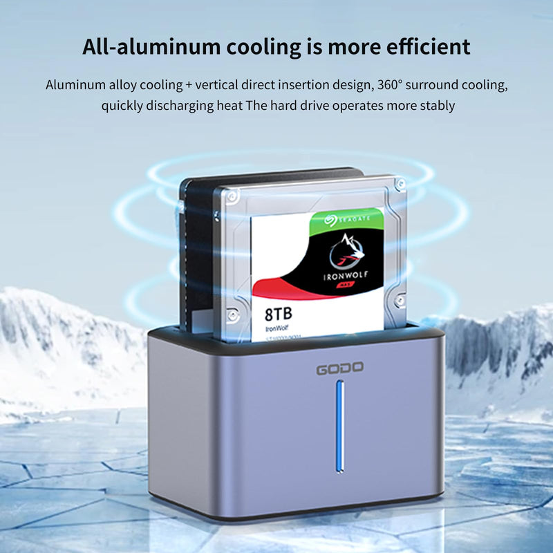 GODO USB 3.0 to SATA I/II/III RGB Dual-Bay Aluminum External Hard Drive Enclosure, Compatible with 2.5-inch SATA HDDs and SSDs, Supports up to 2×8TB Drives