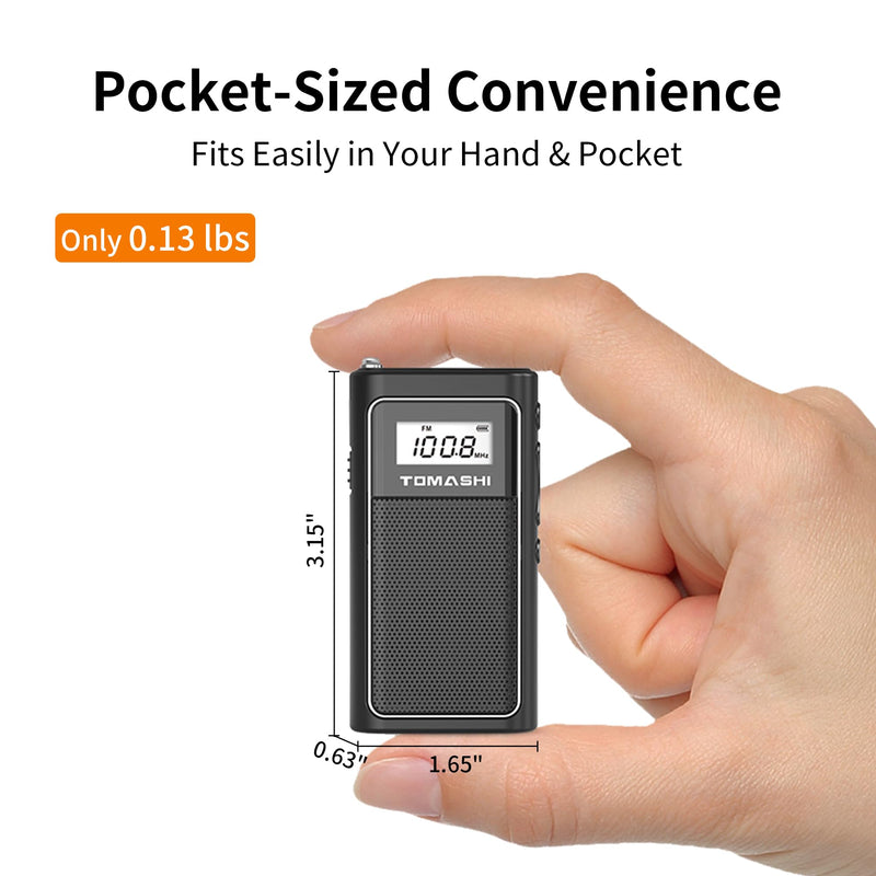 TOMASHI Portable FM Auto Scan Radio, USB-C Rechargeable Pocket Radio | Auto scan FM radio with digital display, speaker and MP3 player. Includes stereo earphones for home, travel and outdoor use.