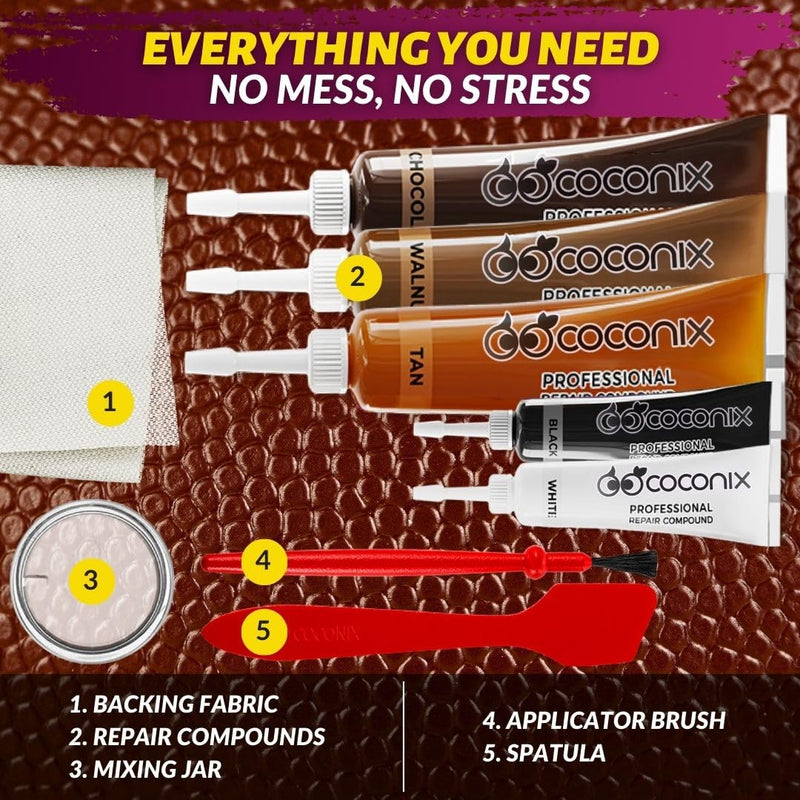 COCONIX Leather & Vinyl Repair Kit - Brown & Shades | Fix Tears, Holes, Scratches, and Peeling on Leather and Vinyl Furniture, Car Seats, and Jackets | Easy Application with Customizable Colors