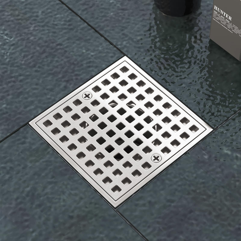 4 Inch Square Shower Drian with ABS Flange-SUS 304 Stainless Steel & CUPC Certified Shower Floor Drain-Removable Grid Cover-with Hair Strainer-Brushed Nickel Brushed Nickel