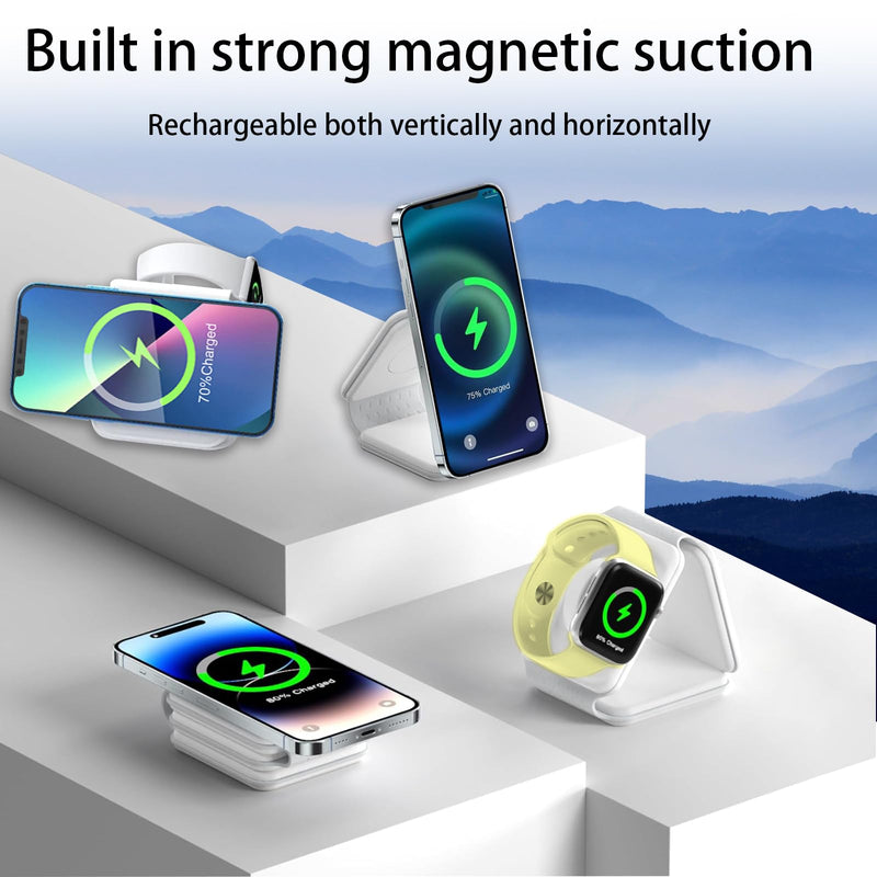 3in1 Foldable Magnetic Wireless Charger,Travel Pad for iPhone,Watch,AirPods | Magnetic Alignment, 15W Fast Charging, Foldable Travel Stand, Compatible with Apple Watch & AirPods, Safe Tech Tea White