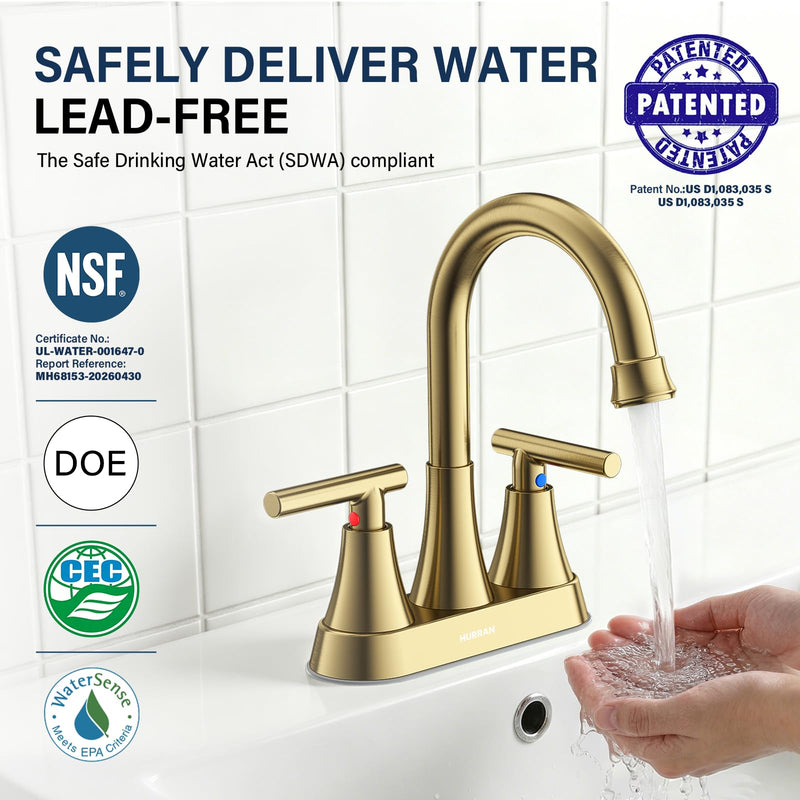 4 inch Brushed Gold Bathroom Sink Faucet with Pop-up Drain and 2 Supply Hoses, Stainless Steel Lead-Free 2-Handle Centerset Faucet for Bathroom Sink Vanity RV