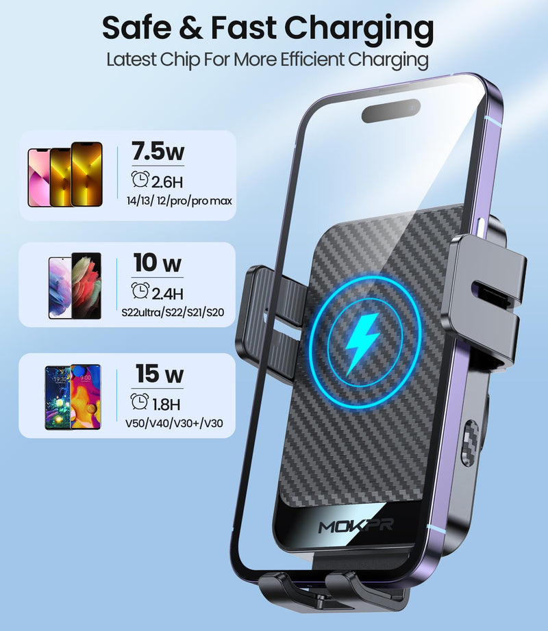 Wireless Car Charger 15W Fast Charging Dash Windshield Vent Car Mount | Auto-Clamping Universal Hands-Free Car Charger Compatible with iPhone 17/16 15/14/13/12, Samsung S24 S23/S22/S21,etc Light Black with qc 3.0