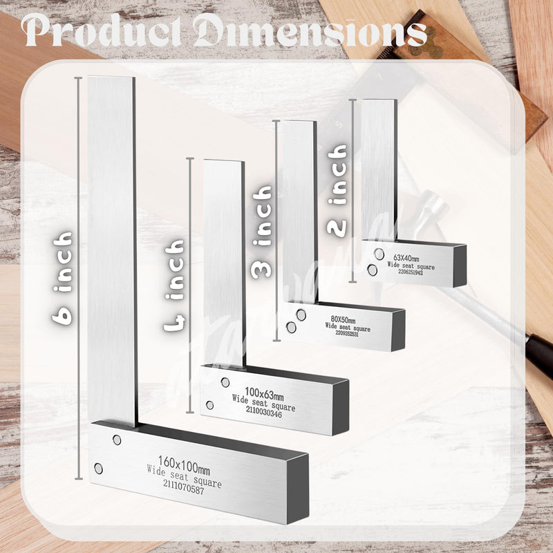Machinist Square Set 2, 3, 4, 6 Inch, Atarvana Mechanical Steel High Precision Squares, Harden Carbon Steel, 90 Degree Wide Base, L-Type Right Angle Ruler Tool for Woodworking Silver Set of 2, 3, 4, 6 Inch