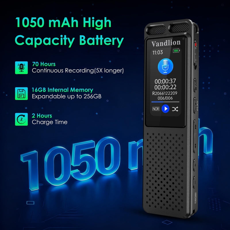 Voice Recorder with Playback, Vandlion HD Clear Digital Recording Device | 100Hrs Battery, AI Noise Reduction, One Touch Recording, Compact, Voice Activated, Password, Lecture Meeting Interview Class 16.0 GB