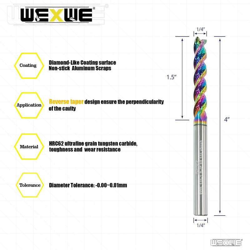 Tools 1/4” Extra Long Carbide Square End Mill for Aluminum, Copper Alloy, Plastic, 4" Overall Length End Mill Bits, 3 Flute HRC 62 Deg DLC Coating, CNC Router Bits 1/4 Shank (1/4-4" 2PCS) DLC EXXL 1/4-4" 2PC 2