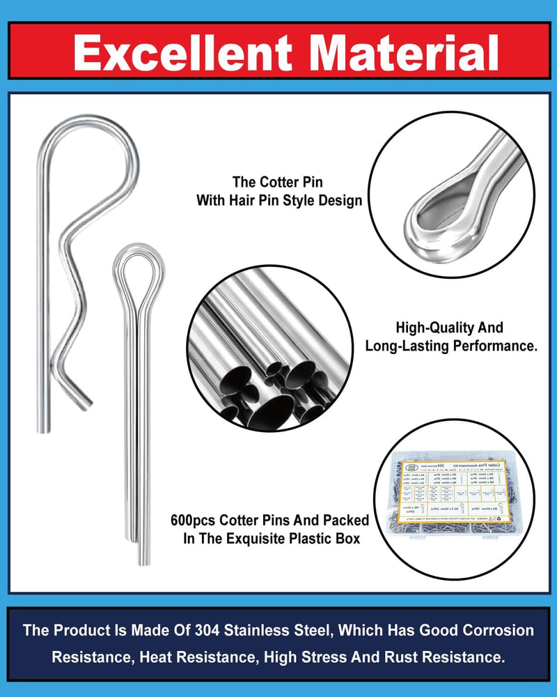 600 Pcs Cotter Pins Assortment Kit - 31 Sizes Hardware Pins Set 304 Stainless Steel Hitch Pin Clip Small Carter Pins Used for Automotive, Trailer Hitch,Lawn Mower R&U-600pcs