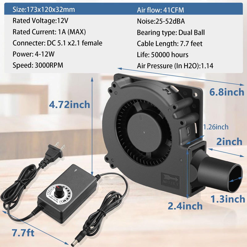 Wathai 120mm x 32mm Small Blower Fan 12V with AC 110V 120V Variable Speed | Dual Ball variable speed blower squirrel cage fan blower for waste oil burner BBQ Smoker DIY Cooling Projects 12032 110V-240V