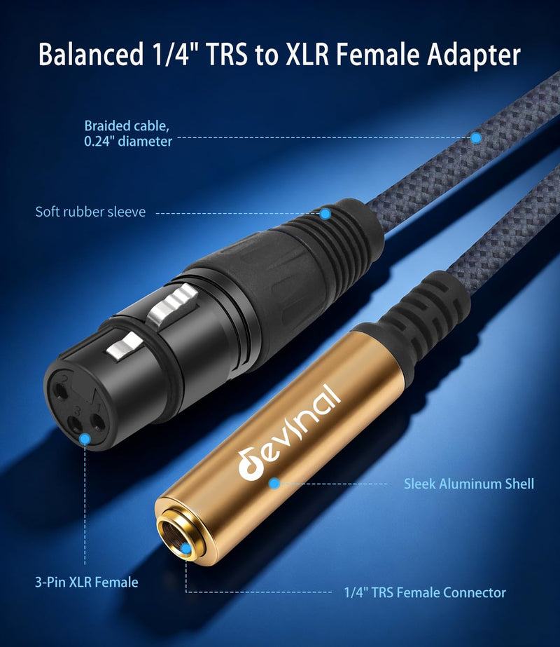 2-Pack XLR Female to 1/4" TRS Stereo Adapter Cable, Balanced 3-Pin Interconnect, 30 cm (1 ft), Durable Nylon Braided Jacket with Color-Coded Gold & Blue Connectors