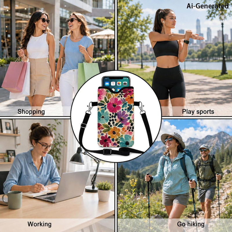 Floral Neoprene Cell Phone Sleeve Pouch Case Bag for Women Men with Crossbody Strap, 7.1x3.9 in, Shockproof Mobile Protection Case Bag with Neck Lanyard, Colorful Floral