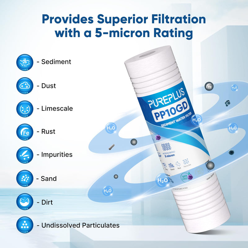 PUREPLUS 5 Micron 10" x 2.5" Whole House Grooved Sediment Home Water Filter, Replacement Cartridge for 10 inch RO Pre-Filter & RV Housing, AO-WH-PREV-R2, AP110, WHKF-G05,AB-SGR5M, GXWH20S,CFS10, 6Pack 6 Count (Pack of 1)