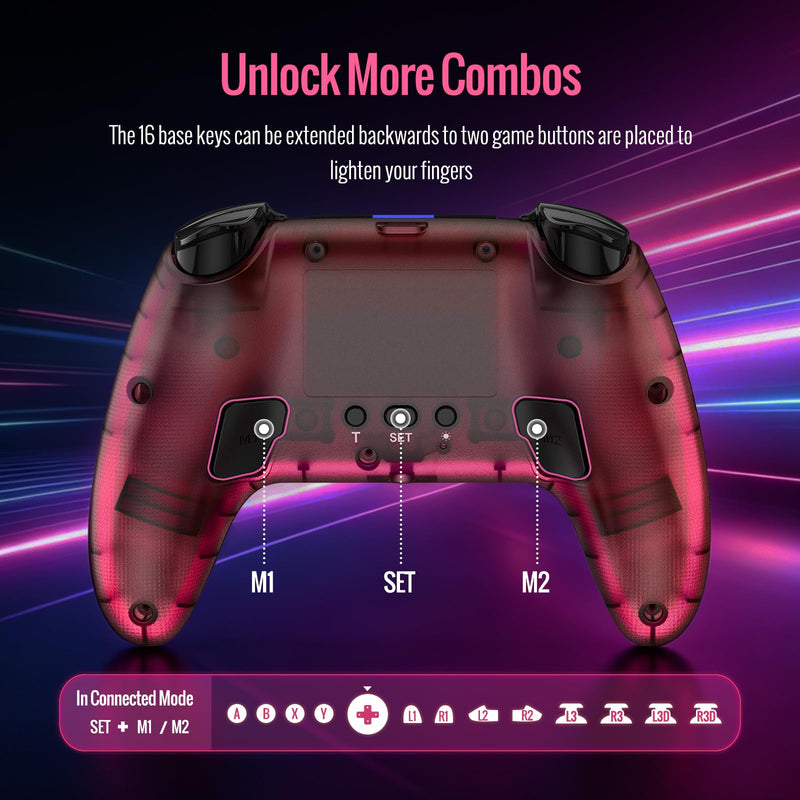 BETMI Wireless Controller for PS-5, Pro/Slim/PC (Black/Hot Pink/Clear) | Hall Effect Joystick & Trigger/Macro/Turbo/RGB Light/3.5mm TRRS Audio Jack/Speaker/Mic/Mute Button/6-Axis Gyro/Dual Vibration