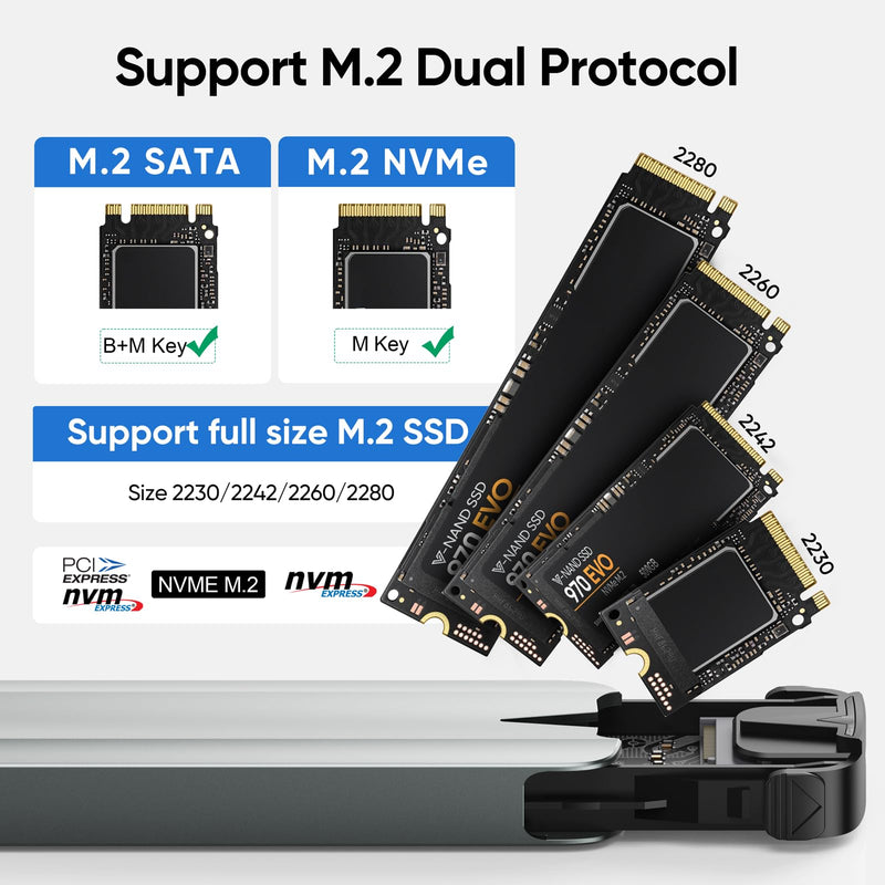 SSD Enclosure M.2 NVMe SATA, PCIe Gen 4x4 10Gbps External Aluminum Case Adapter Tool-Free for M & M+B Key 2230/2242/2260/2280 SSDs 10Gbps NVMe Enclosure