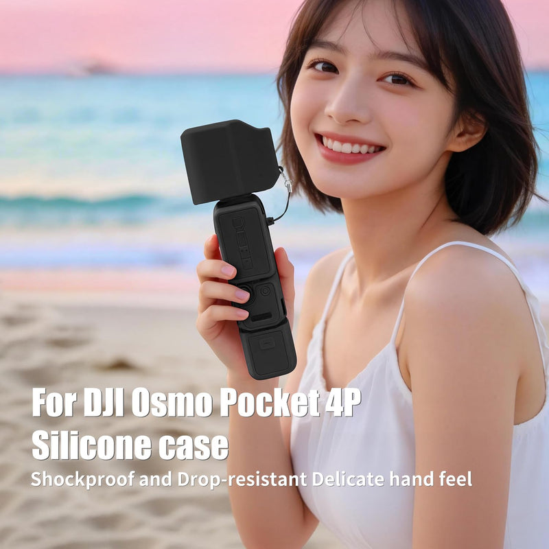 Soft Silicone Protective Case for DJI Osmo Pocket 4P Black | Separate coverage for the lens area, body, screen section, and 1/4-inch threaded handle; charging access stays open.