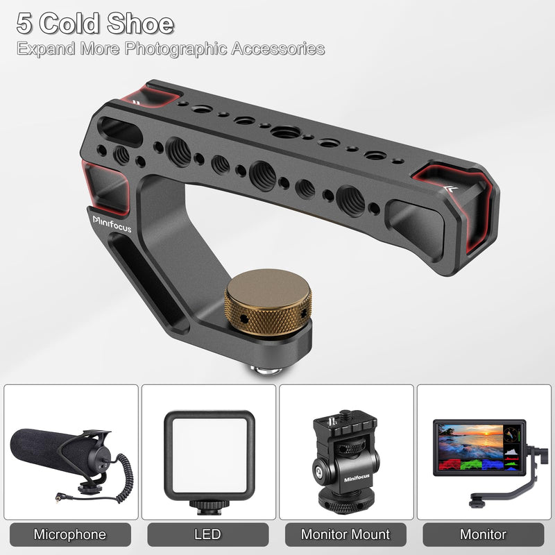 Top Handle with 3/8"-16 Locating Pins, Universal Camera Handgrip with 5 Cold Shoe Mount for Microphone, LED Light, Monitor, 1/4", 3/8" Threaded Holes with Locating Pins for ARRI Grip w 3/8"-16 Locating Pins