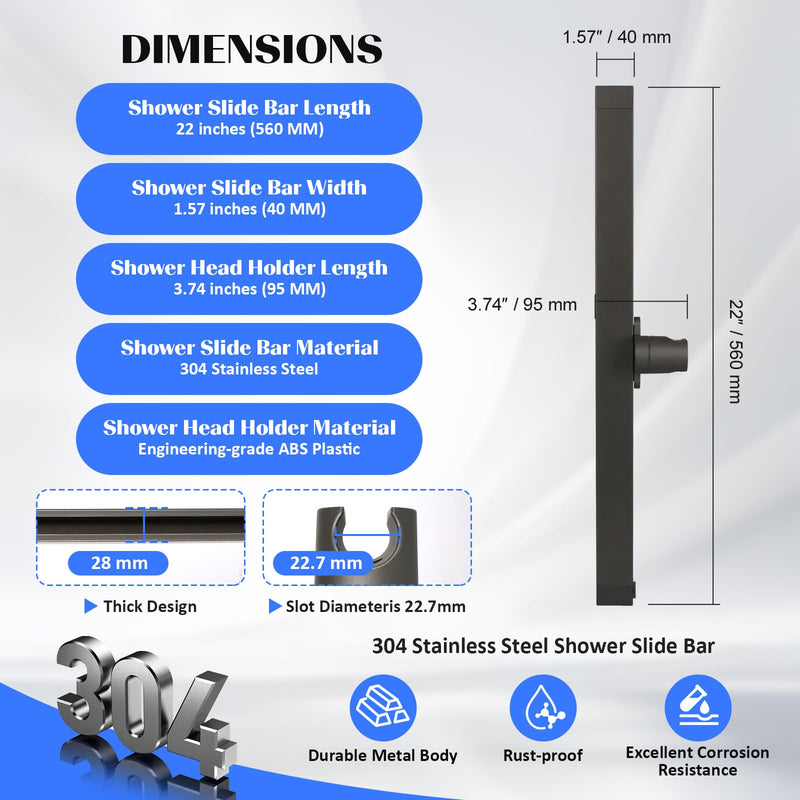 Blissland Shower Slide Bar with Height and Angle Adjustable Handheld Shower Head Holder |Strong Adhesive Disc Mount or Drilling Installation (Aluminum Alloy Material) (Gray) Gray