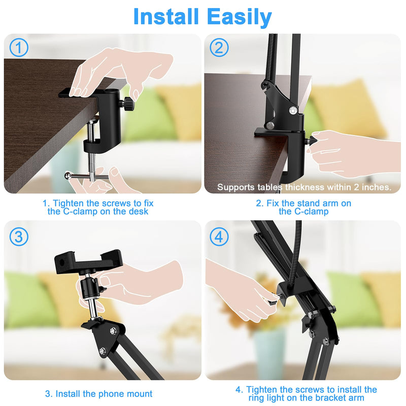 Overhead Camera Mount with Ring Light, 6‘’ Overhead Phone Mount Compatible with iPhone Camera Webcam, Articulating Arm Phone Mount for YouTube Live Stream Cooking Nail Video Recording 6"Light