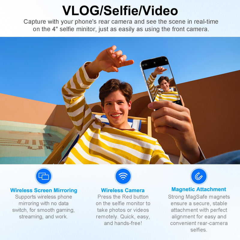 4" Magnetic Phone Vlog Selfie Monitor Screen, 1080P Wireless Recording, Phone Selfie Monitor Screen Back Camera Monitor for Selfie Vlog Live Stream TikTok,Compatible with iPhone, Android