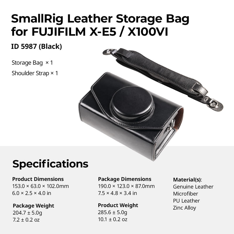 SmallRig Leather Case Bag for FUJIFILM X-E5 / X100VI, for Ricoh GR IV/GR III, Carrying Case with Magnetic Closure, Protective Pouch, Compact Storage Bag, Crossbody Bag, Shoulder Strap, Black- 5987