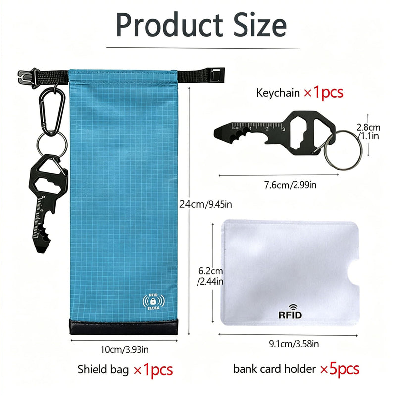 RFID Blocking Phone Pouch,5 RFID Card Sleeves &1 Tool Card Carabiner, Blue | Made of lightweight nylon, it blocks GPS signals to prevent tracking and data theft for privacy protection.