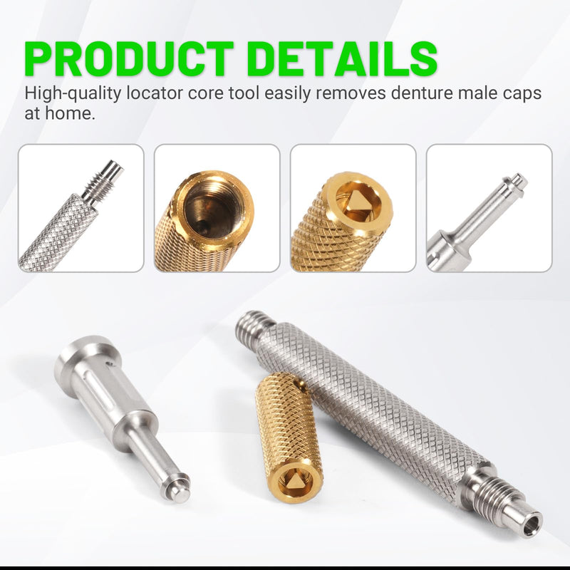 LEAPTREND Implant Tooth Locator Core Tool, Universal Dental Instrument (Golden) with Gloves, 3 Tools in 1 for Overdenture Retention Male Caps Removal and Insertion