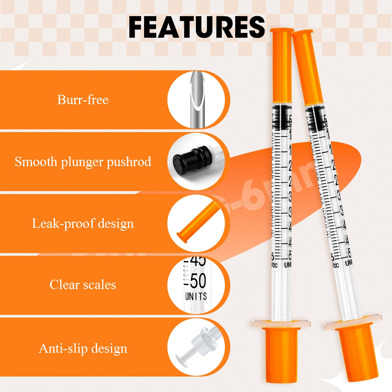 0.5ml Syringe with Cap, 31G 1/4" 6mm 1/2cc Syringes, Disposable Individual Package, Pack of 100 1/2cc-31G 1/4"