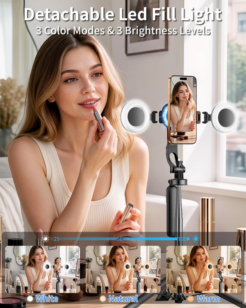 Vlogging Kit for iPhone,63" Magnetic Tripod for iPhone with 2 Light & 2 Mic | Magnetic Selfie Stick Phone Tripod with Light for Content Creator Essentials/YouTube Starter Kit/TikTok/Video Recording/Live