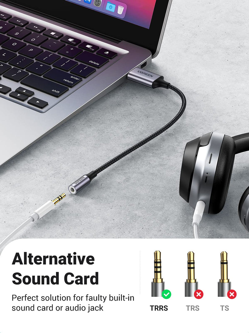 UGREEN USB to 3.5mm Jack Audio Adapter Sound Card Support Mic TRRS Headphone DAC 24bit 96kHz Nylon Braided USB to Aux Jack Compatible with Windows Mac Linux PC PS5 PS4 Switch 2 Speaker, 9.8 Inch