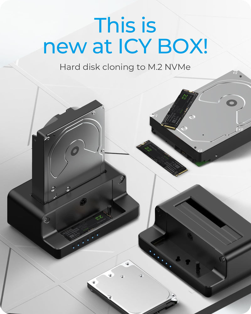 M.2 NVMe & SATA SSD/HDD Hard Drive Docking Station, ICY BOX USB-C 10Gbps M.2 NVMe&SATA Cloner&Reader, Dual Bay Hard Drive cloner for 2.5"/3.5" SSD&HDD Hard Drives, 2 Way Offline Cloning Clone Station 2 Bay Cloner