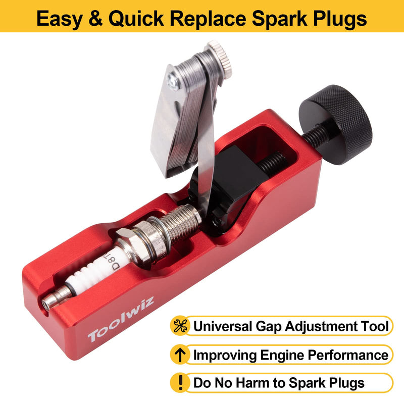Toolwiz Spark Plug Gap Tool with 32 Blade Steel Feeler Gauge, Gapping Tool for Most 10mm 12mm 14mm 16mm Thread Spark Plugs, Red Red+Feeler Gauge
