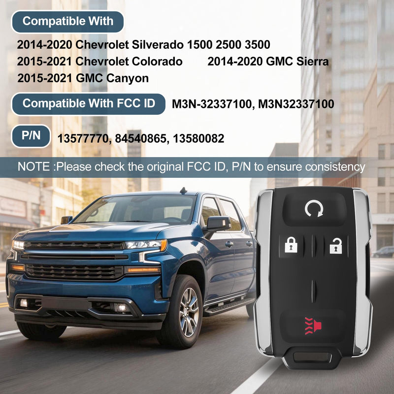 Key Fob Replacement for 2014-2020 Chevy Silverado 1500 2500 3500/2015-2021 Chevrolet Colorado/2015-2021 GMC Canyon/2014-2020 GMC Sierra, Keyless Entry Remote Control M3N-32337100 4-Button（Set of 2）
