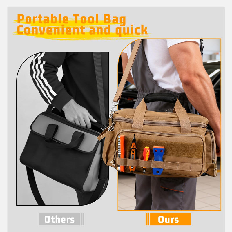 14-Inch Heavy Duty Tool Bags for Men, Tactical Tool Bag With Anti-Friction Bottom, Hand Tool Storage Bag, Work Tote Bag and 16+ Multi-Pockets, Ideal Gift For Mechanics, Electricians, Carpenters