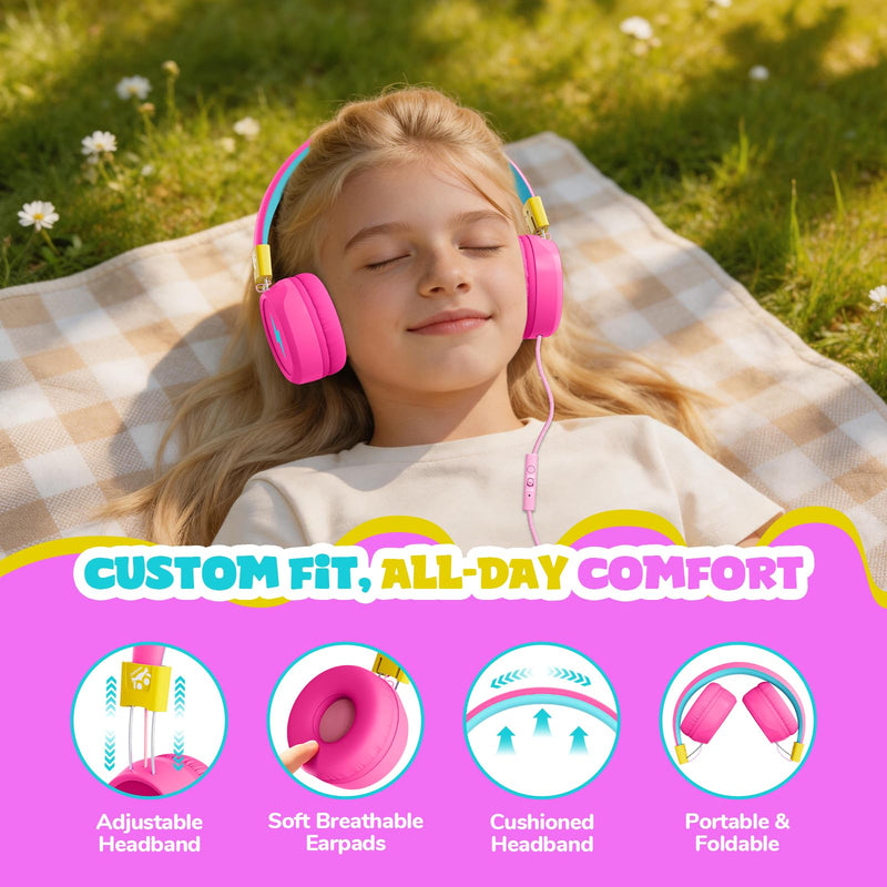 Owliwise Kids Headphones for School and Travel, Safe 85/94dB Volume Limiter, HD Microphone, Stereo Sound, Over-Ear Foldable Wired Headphones, 3.5mm Jack for iPad Cord, Chromebook, Boys Girls Pink