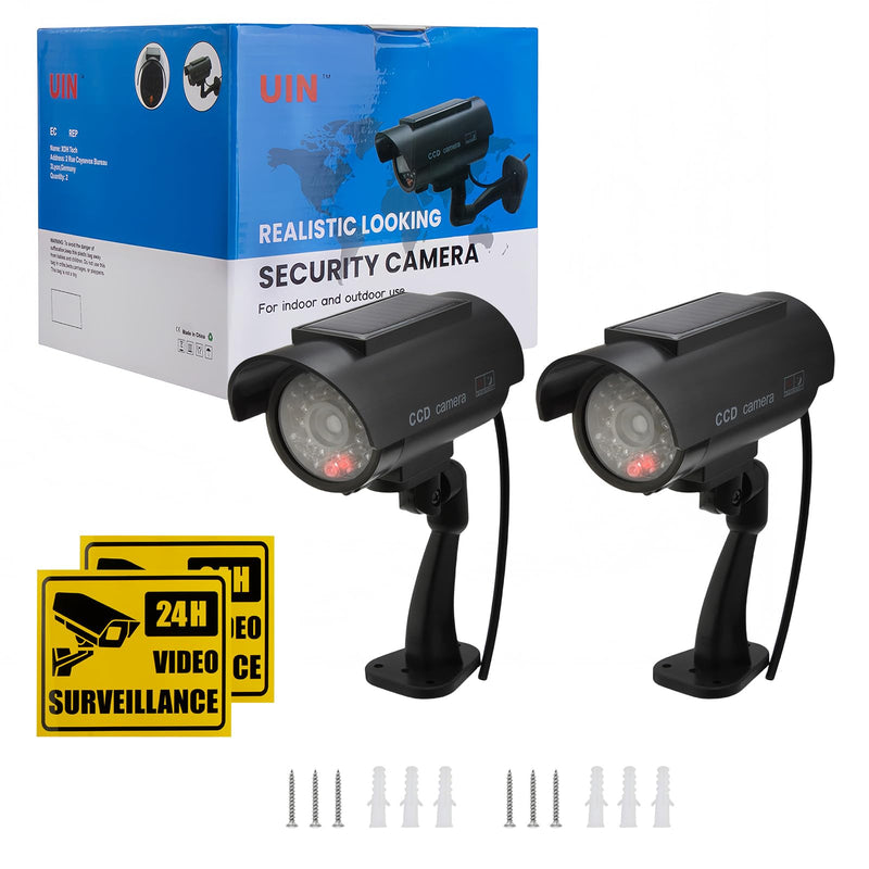 Twilight Garage Dummy Camera, 2 Pack Solar Powered Bullet Simulated CCTV Fake Security Cameras with Flashing Red LED Light & Warning Security Alert Sticker, Indoor Outdoor Use(Black)