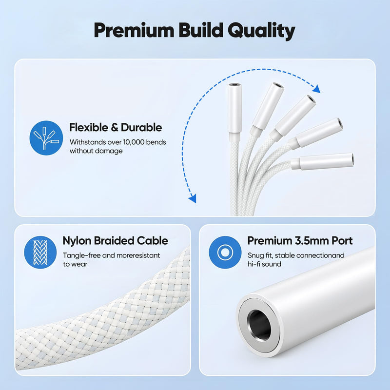 USB C to 3.5mm Audio Adapter, USBC to Headphone Jack AUX Dongle 24bit/48kHz | Braided Cable for iPhone 17/16/15 Galaxy S26 Note 20 iPad 11th/10th Gen MacBook Pro 1