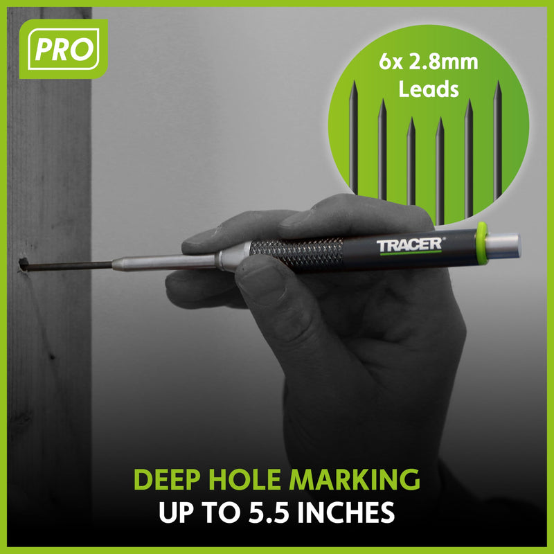 Tracer Pro Aluminum Deep Hole Construction Pencil - Durable Mechanical Carpenter Pencils Set with Sharpener & 6 Replacement Leads Holster Woodworking Marking Tool Contractor Pencil Kit 2.8mm Deep Hole