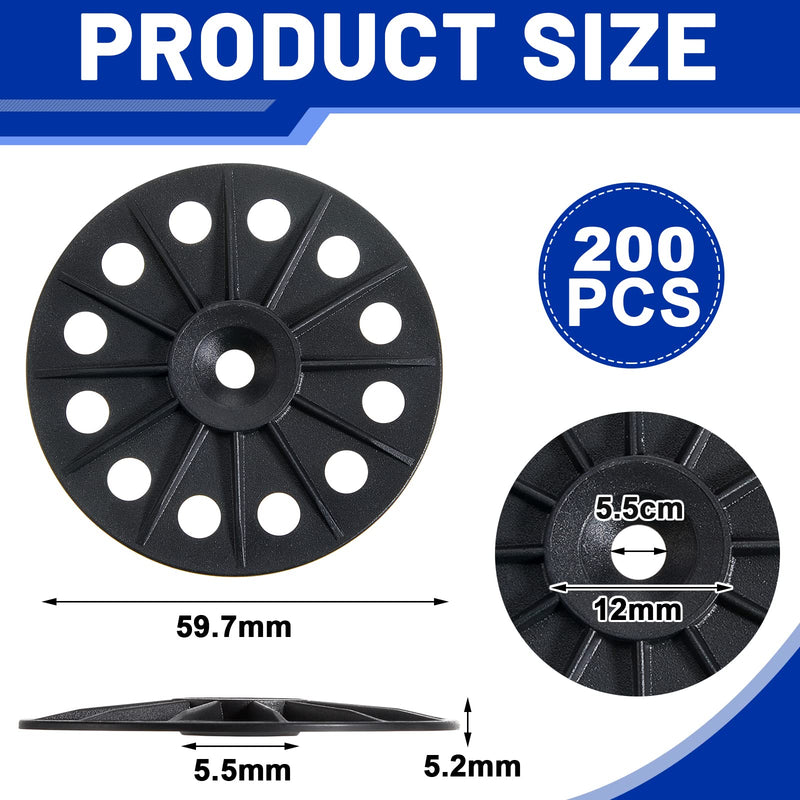 Polypropylene Washers 60 mm for Fixing Supporting Rigid Foam Insulation Panels and Sheets Load Spreading Plastic Washers Flat for Screws and Nail, Black(200 Pcs) 200