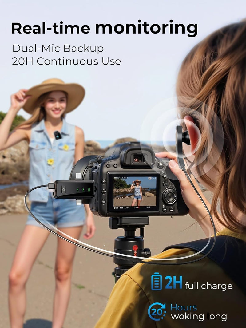 MENERESAS Wireless Microphone for iPhone: 40dB Noise Canceling Mini Mic with 20Hz-20kHz Audio, 328ft Range, 20H Battery, 3-in-1 Lavalier Microphone for Video Recording Elegant Black