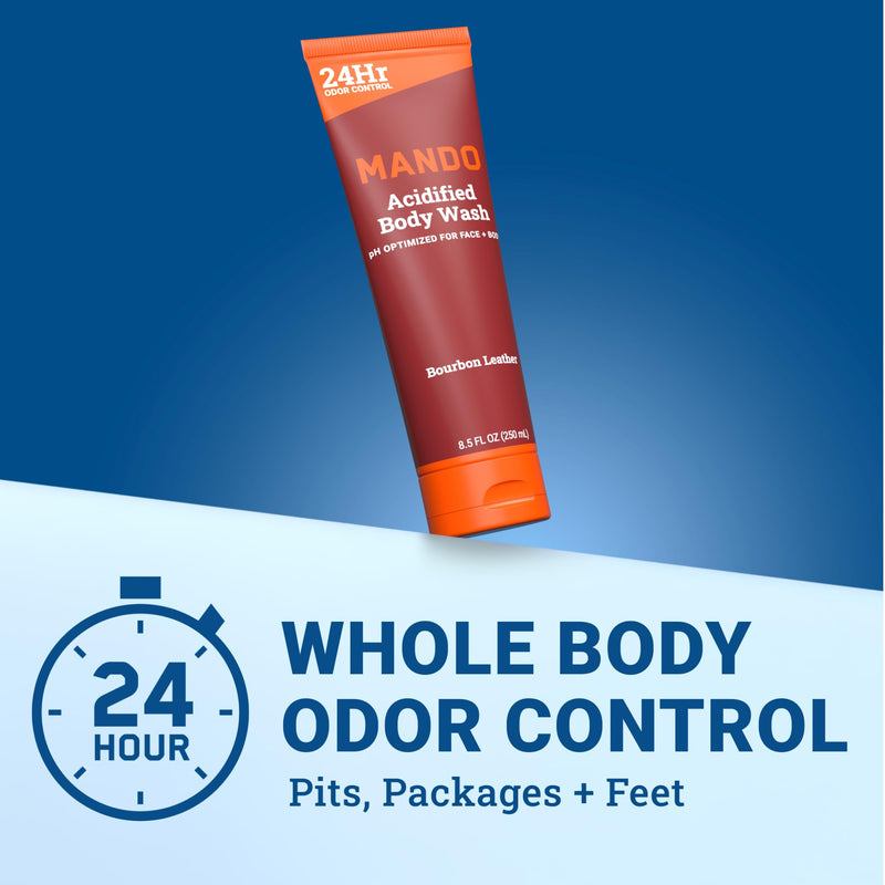 Mando Odor Shield Body Wash - 24 Hour Control - Removes Odor Better than Soap - SLS Free, Paraben Free, Skin Safe - 8.5 Ounce (Pack of 2) (Bourbon Leather) Bourbon Leather 8.5 Fl Oz (Pack of 2)