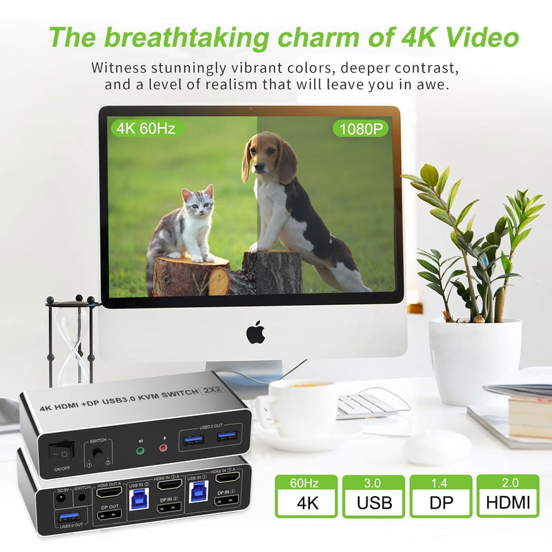 Dual Monitor HDMI Displayport KVM Switch 2 Monitors 2 Computers 4K 60Hz USB3.0 KVM Switcher HDMI+DP 3 USB Ports KVM Switcher for 2 PC Sharing Keyboard Mouse Printer Mic and Audio Output HDMI+DP KVM Switch 2 Monitors 2 Computers