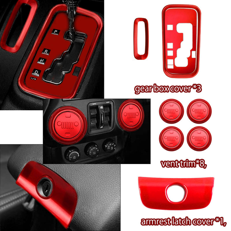 26PCS Full Set Interior Trim Kit Compatible With Jeep Wrangler JK JKU 2011-2018 2&4-door Inner Center Console Trim, Door Handle, Cup Holder Cover (Red Decoration Kit) Christmas Car Decorations Red