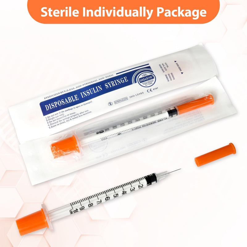 100 Pack Syringes with Needle, U-100 1ml 30G 5/16" 8mm Syringe, Individually Sealed 1ml 30G 5/16" 100 Pack