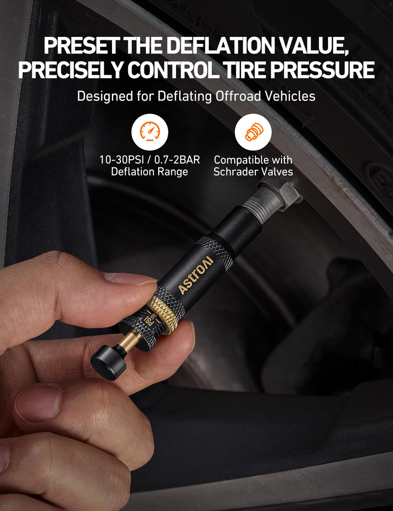 AstroAI Tire Deflator Kit 4-Pack, Automatic Anti-Corrosive Screw-On Air Down Tool Adjustable 10-30 PSI for Off-Road Vehicle SUV 4x4, Includes 4 Valve Caps Zipper Closure Bag