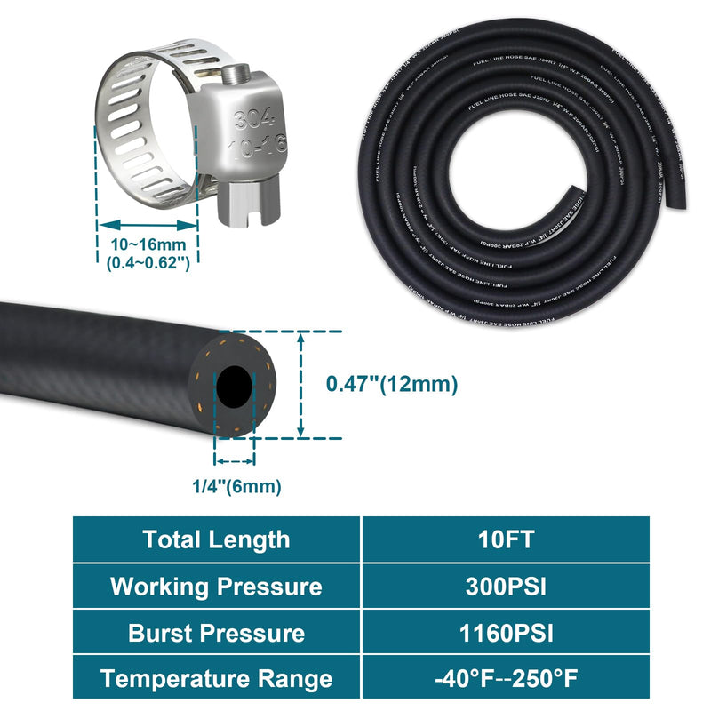 1/4 Fuel Line, Fuel Line Hose 10 Feet, NBR Rubber Gasoline Tube with 10 PCS Stainless Steel Fuel Line Clamps, Fuel Line Kit 1/4 inch (10FT)+Clamps